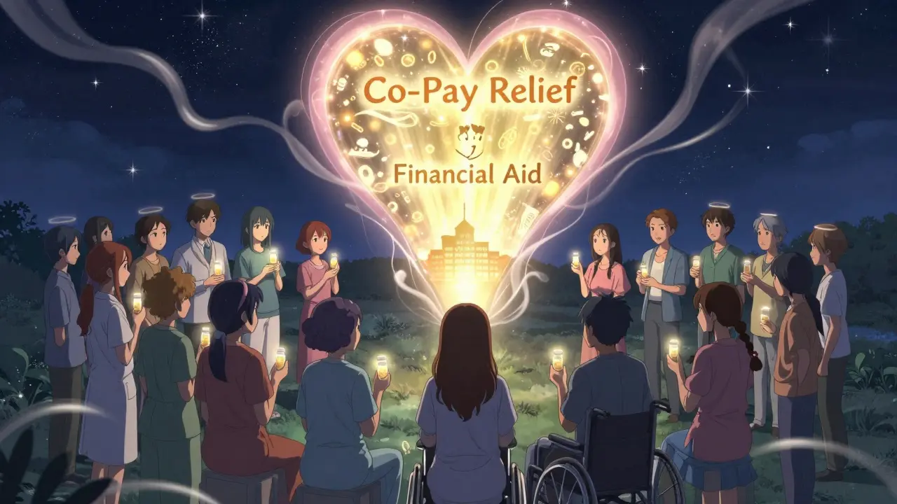 A diverse group of patients stand in a circle under stars, each holding glowing pill bottles as golden light pours from a heart-shaped portal.