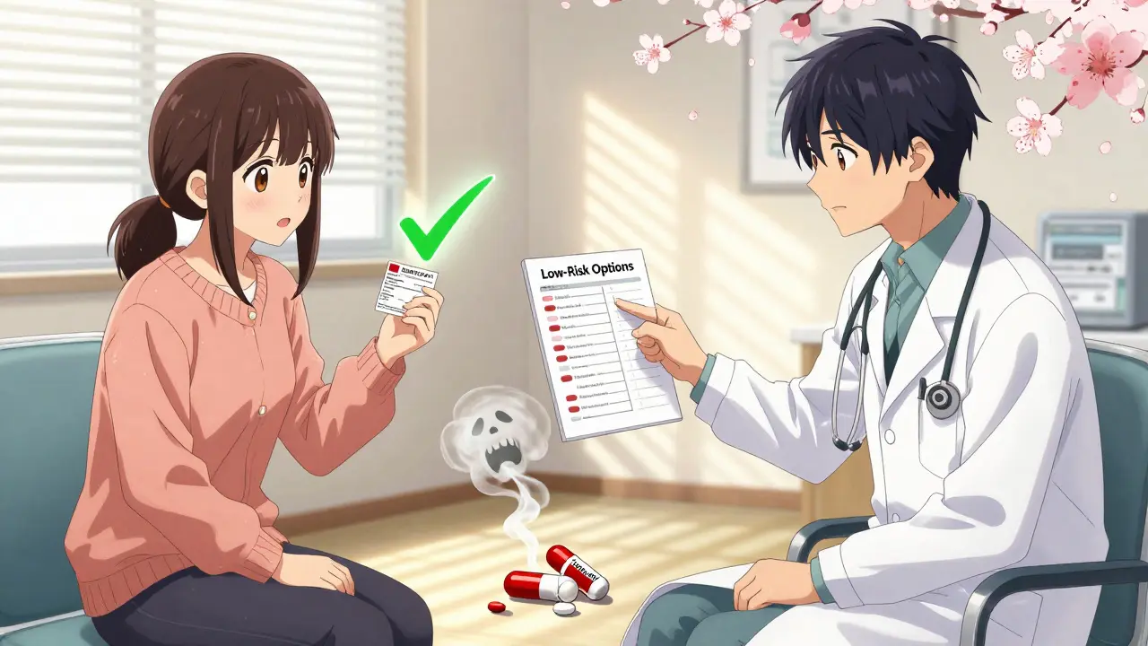 A doctor and patient in a clinic, the patient holding a safe morphine prescription while a broken tramadol pill smolders nearby.