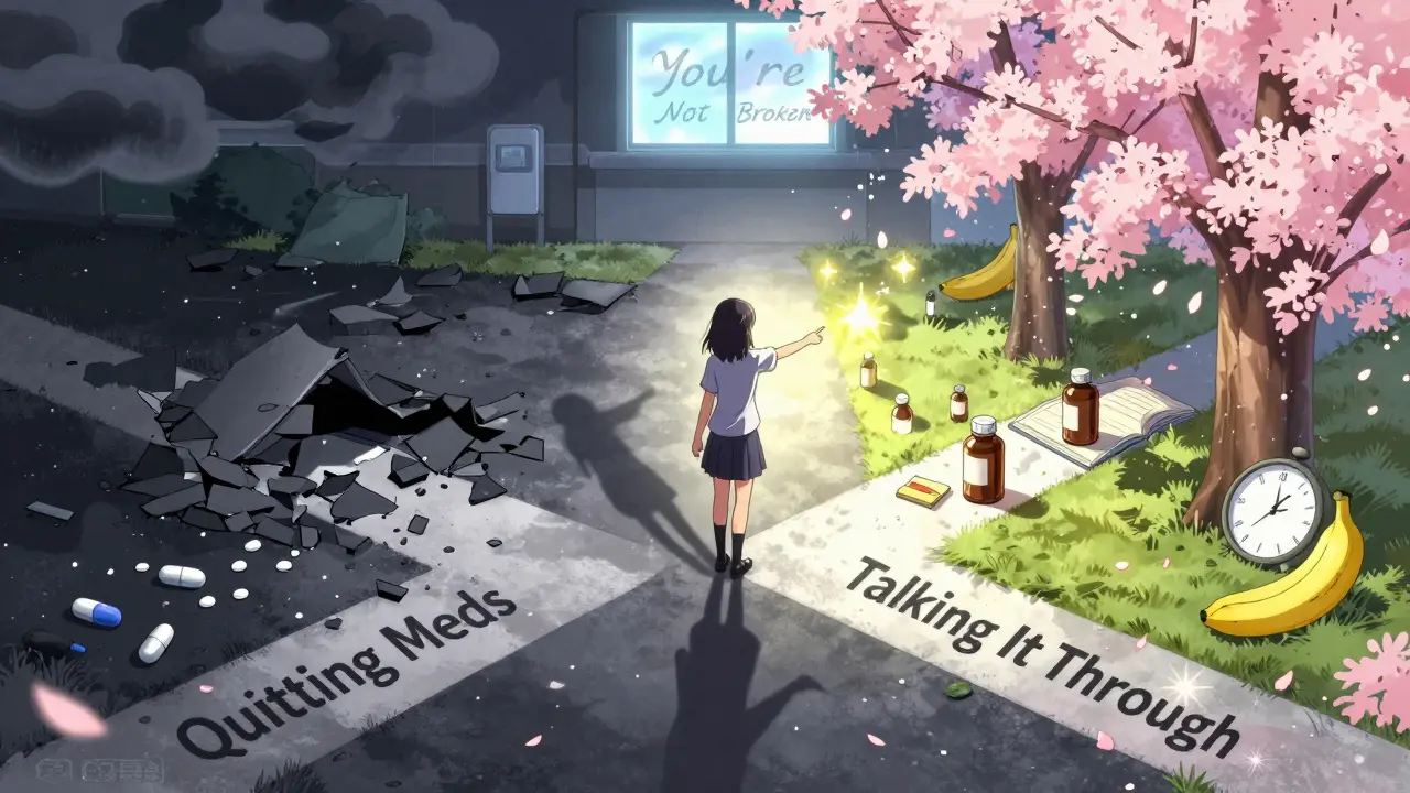 A girl chooses a glowing path of communication over a dark road of quitting medication, surrounded by symbolic healing elements.