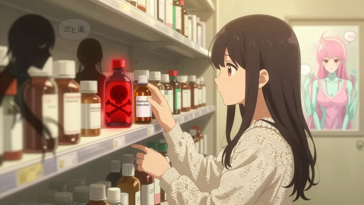 A girl reaching for cough syrup on a pharmacy shelf, with shadowy warning figures and a glowing red danger symbol behind her.