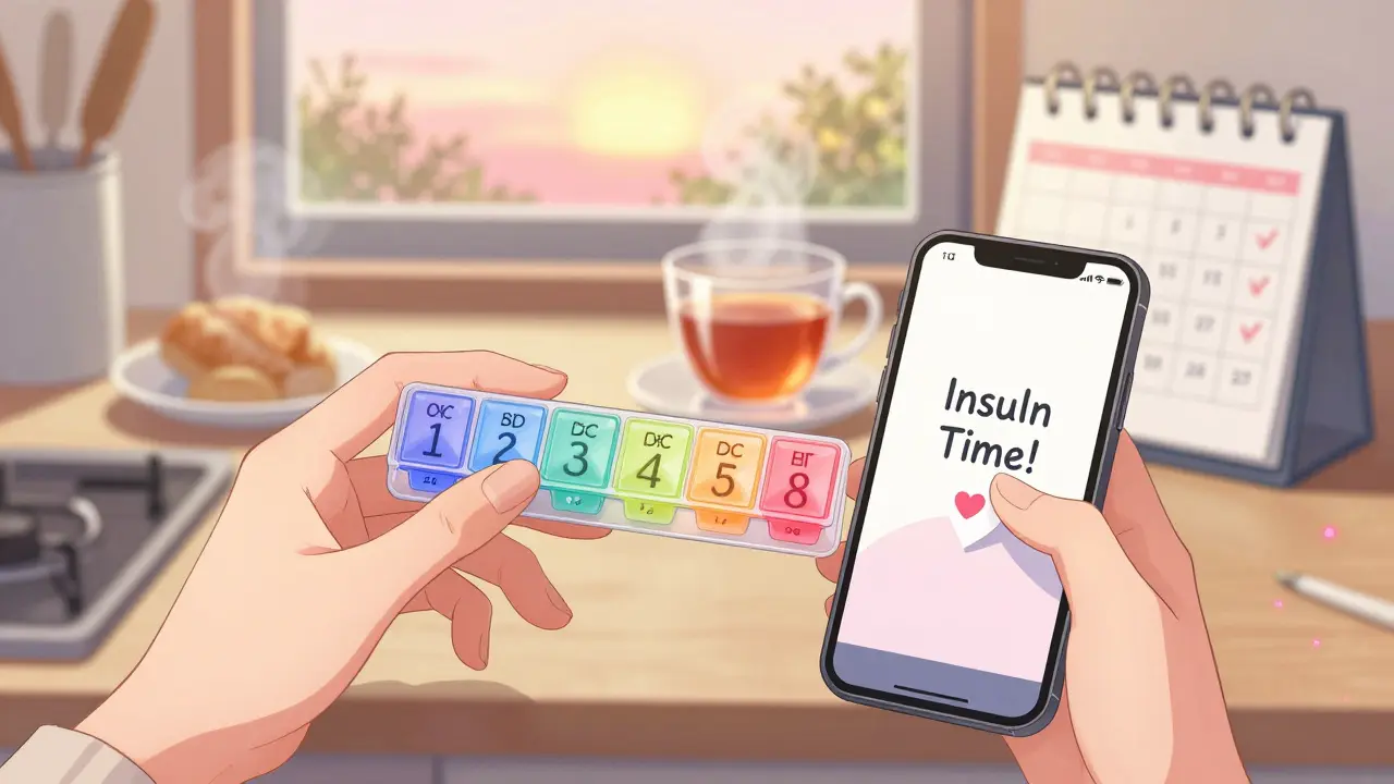 A hand holds a color-coded pill organizer next to a phone showing an insulin reminder, with sunrise light in the background.