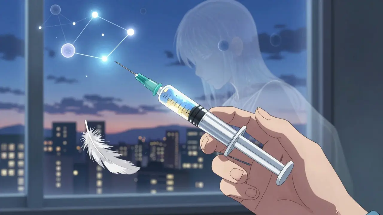 A hand injecting biologic medication, with immune cells fading into a constellation and a white feather drifting down.