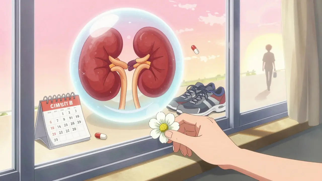A hand places a flower on a windowsill, reflection showing a beating kidney, pills, and shoes symbolizing life after transplant.
