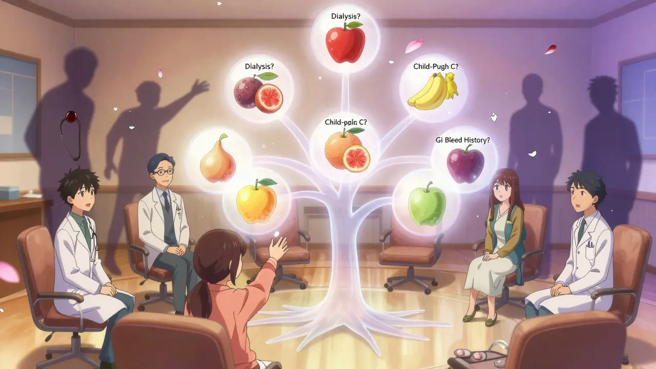 A medical team gathers around a glowing decision tree as the patient reaches for treatment.