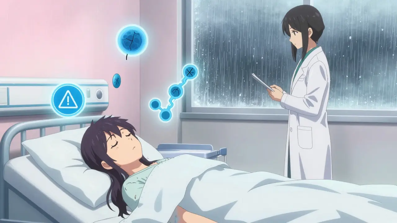 A pale patient in a hospital bed surrounded by floating medical warnings, doctor oblivious in background, shoujo manga style.