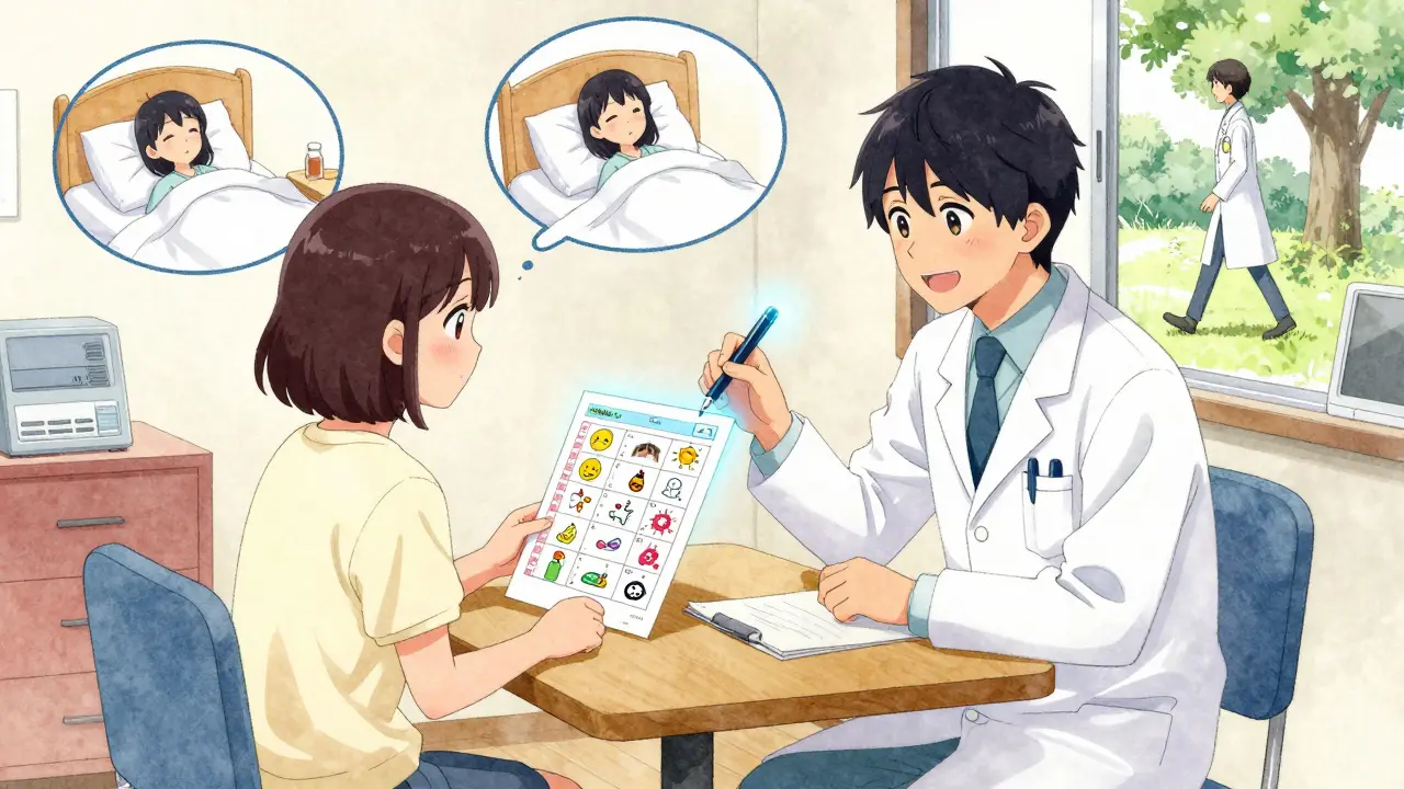 A patient and doctor review a colorful side effect tracker together in a warm, pastel-toned clinic.