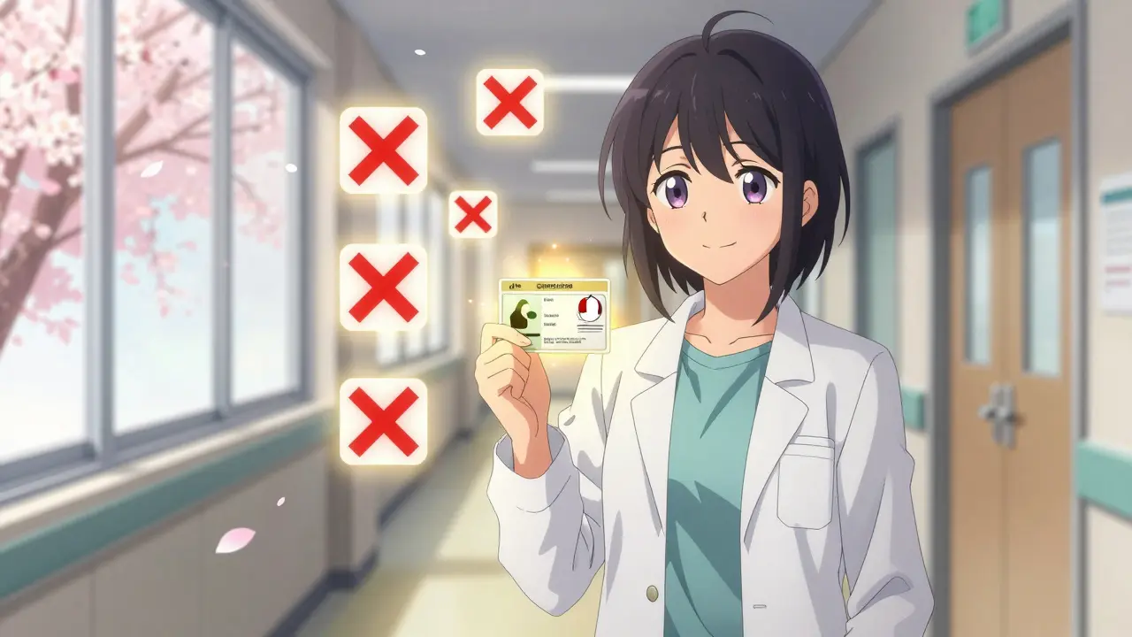 A patient holding a glowing medical alert card with avoided drugs marked by red Xs.