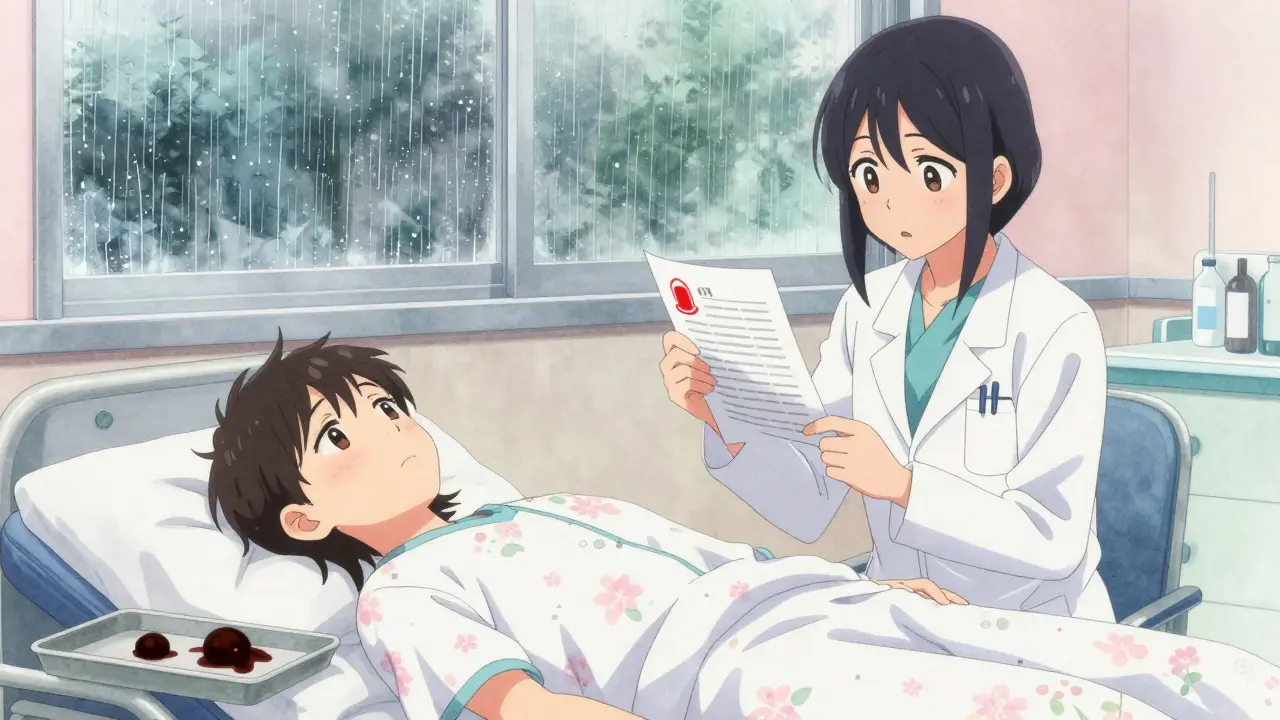 A patient in an ER with dark stools and a doctor holding a red-alert blood report, rain streaking the window.