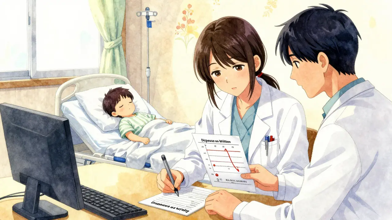 A pediatrician writes 'Dispense as Written' on a prescription while a father reviews blood level charts.