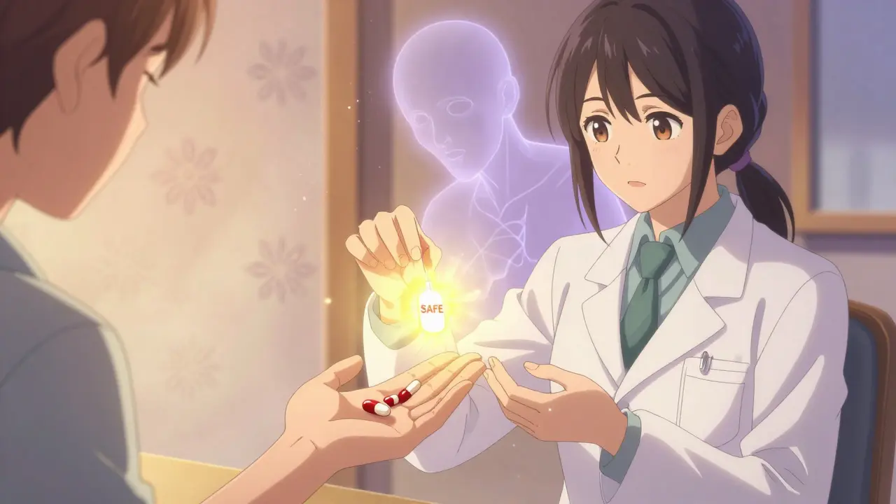 A pharmacist guiding a patient toward safer medication, dangerous pills fading behind them, warm glowing light, shoujo manga style.