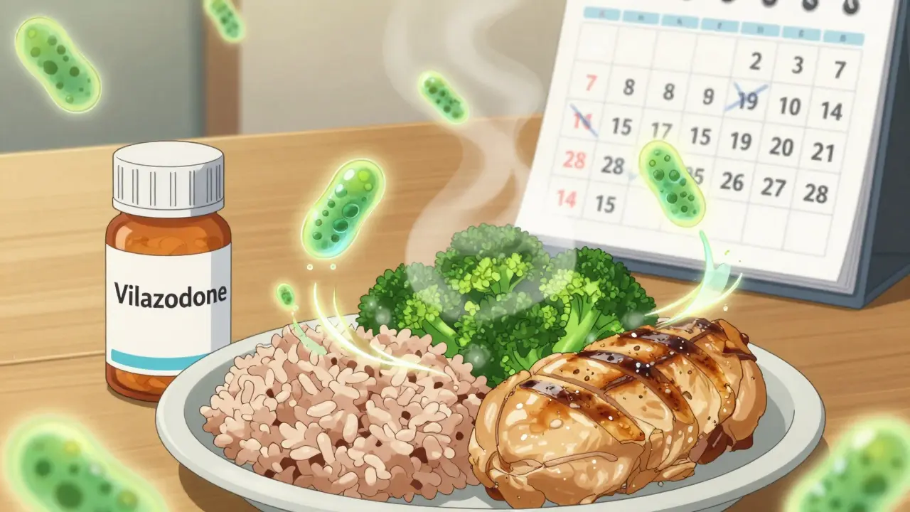 A pill bottle beside a balanced meal with glowing probiotics and fiber strands swirling around it, symbolizing gut healing.