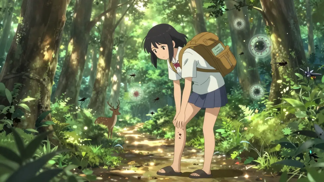 A teen checking for ticks in a forest, surrounded by wildlife and disease icons.