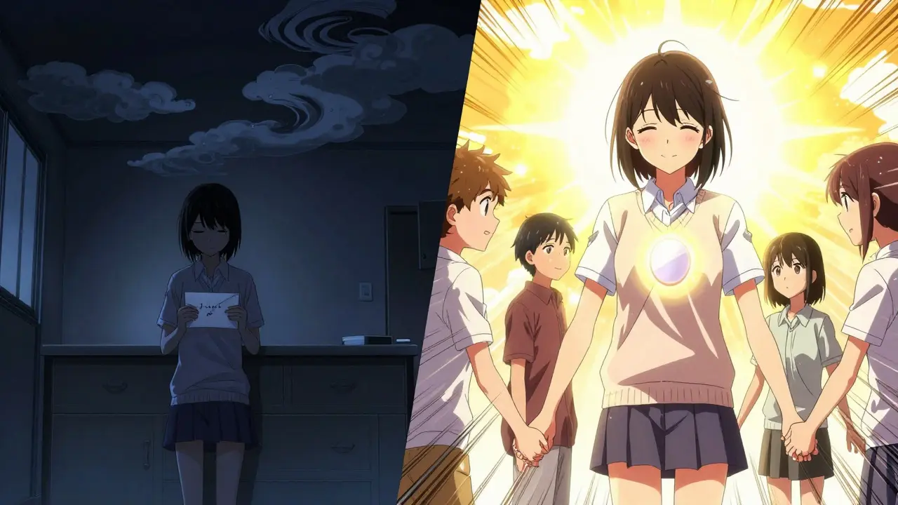 A teen is shown in two contrasting scenes: alone in darkness and surrounded by loved ones in light.