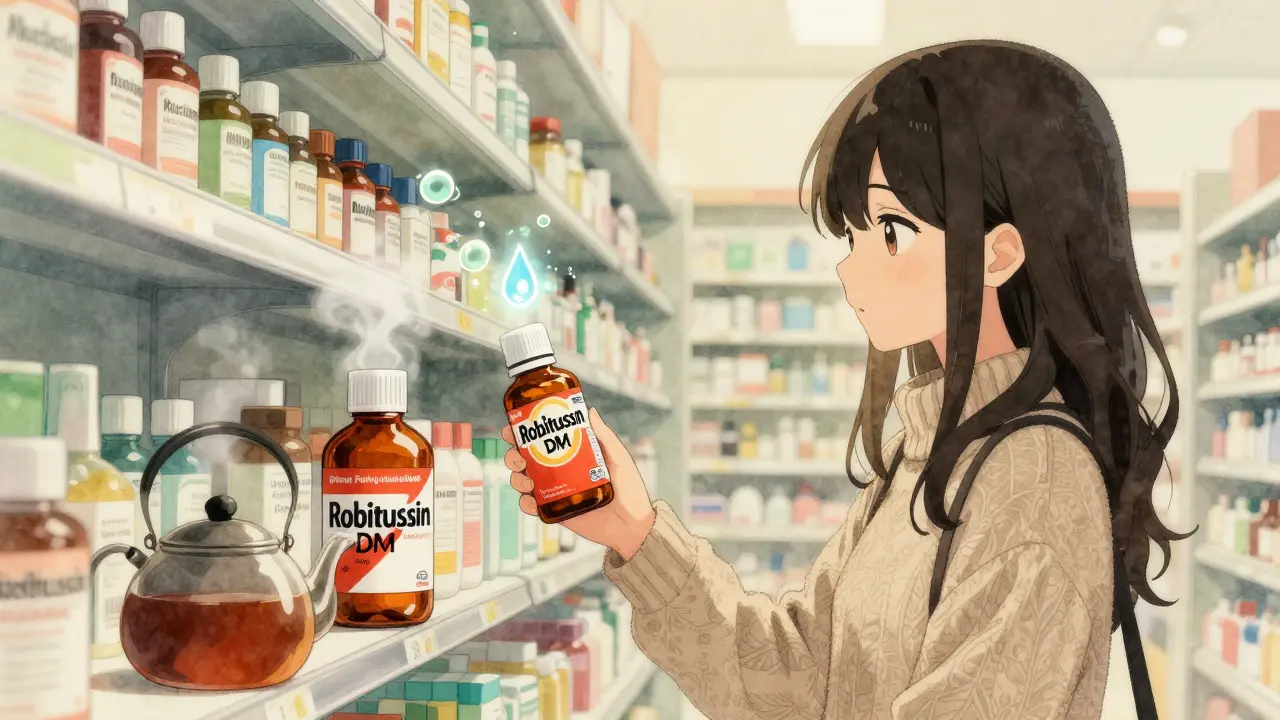 A woman choosing between expectorant and suppressant medicines in a pharmacy, steam rising from tea nearby.