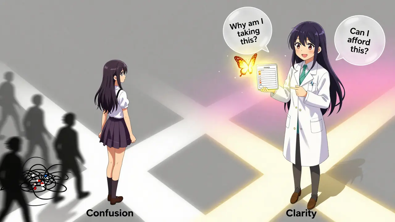 A woman stands at a magical crossroads—one path dark and tangled, the other glowing with a butterfly made of her medication list.