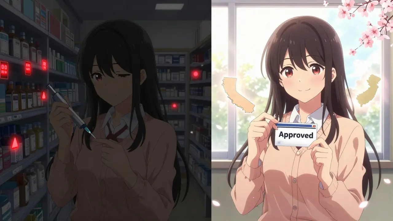 A woman transitioning from despair at a pharmacy to hope with approval card and state program icons.