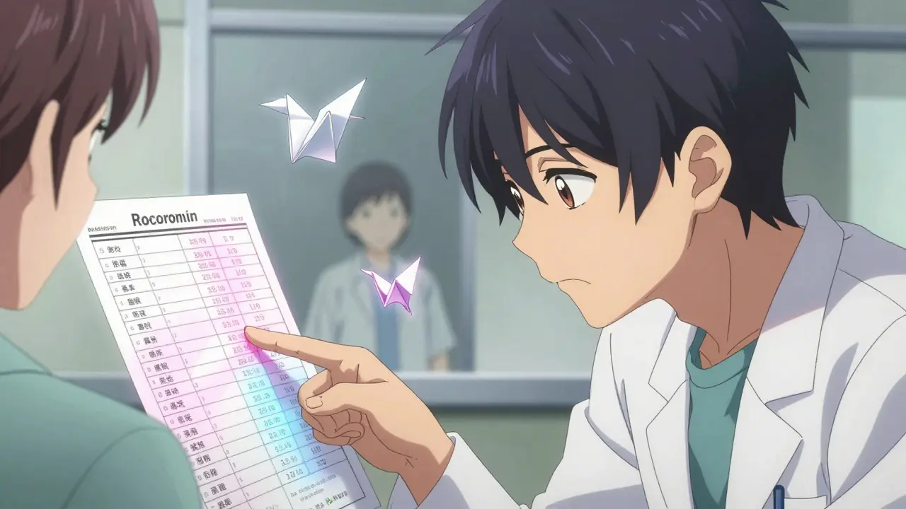 An anesthesiologist listening as a patient explains a past drug reaction with glowing medical charts.