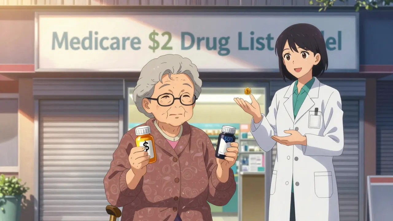 An elderly woman holds two pill bottles—one glowing , the other fading—while a pharmacist offers hope.