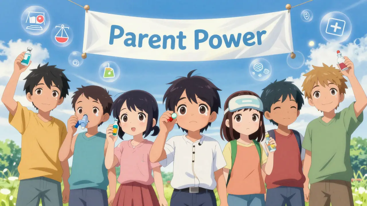 Children with chronic illnesses stand together holding different medications under a glowing 'Parent Power' banner.