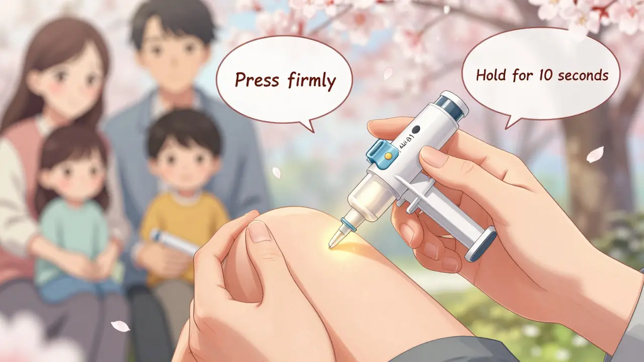 Close-up of an epinephrine auto-injector activating with voice prompts floating nearby.