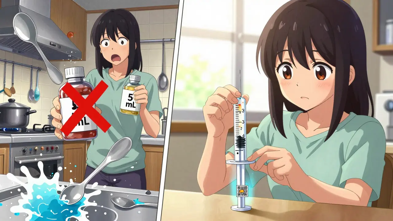 Contrast between dangerous kitchen spoon use and safe mL-based dosing with a syringe.