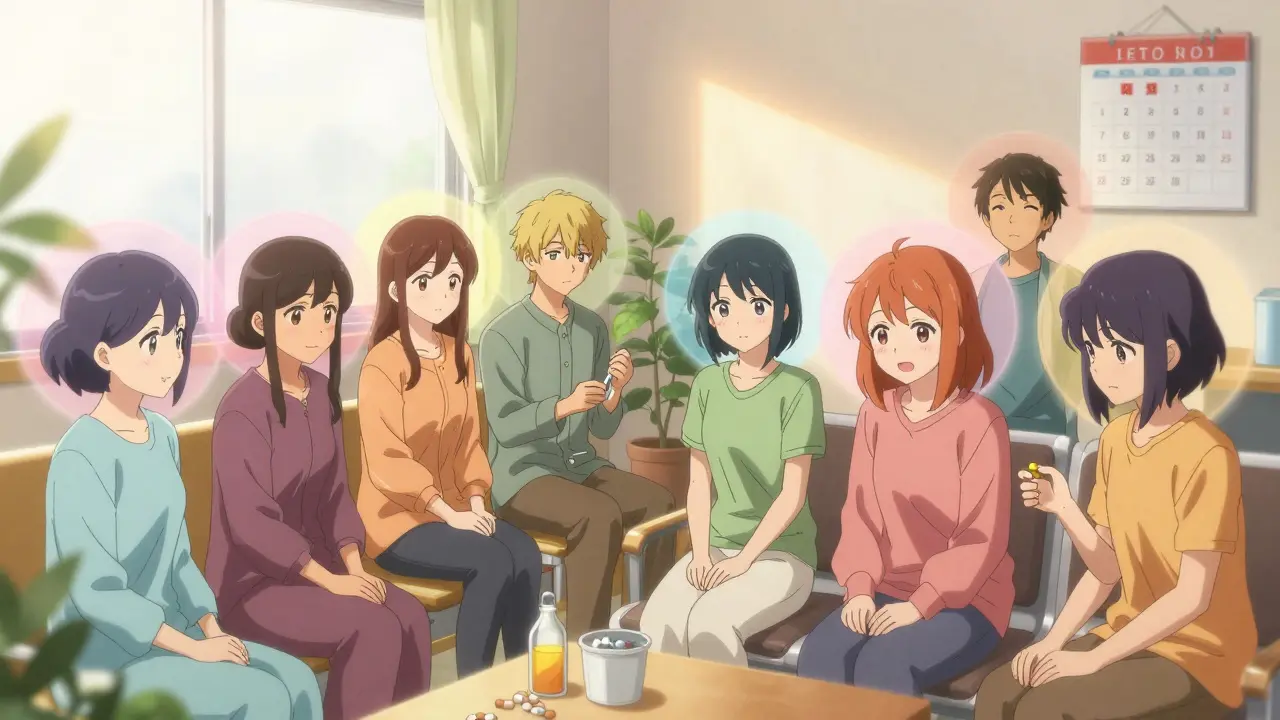 Diverse patients in a clinic experience relief from migraines, marked by fewer calendar red X’s and warm, hopeful lighting.