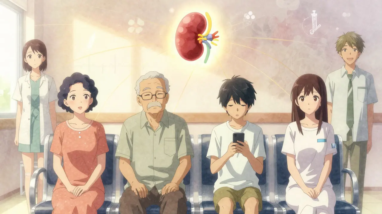 Diverse patients in a waiting room connected by golden threads to a glowing kidney, representing shared hope and community.