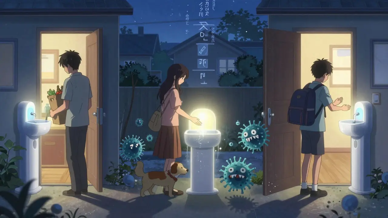 Family members pausing to wash hands at the doorway as cartoon germs flee, glowing station shining in the dusk light.