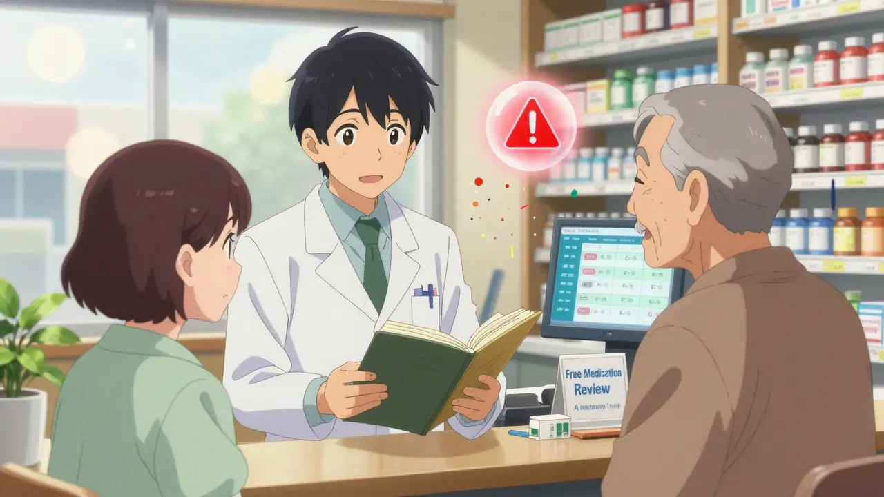 Kind pharmacist reviewing medication list with an older patient in a cozy community pharmacy.