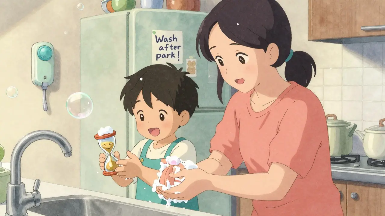 Mother and child washing hands together at the kitchen sink, holding a sand timer, with a tippy tap visible in the background.
