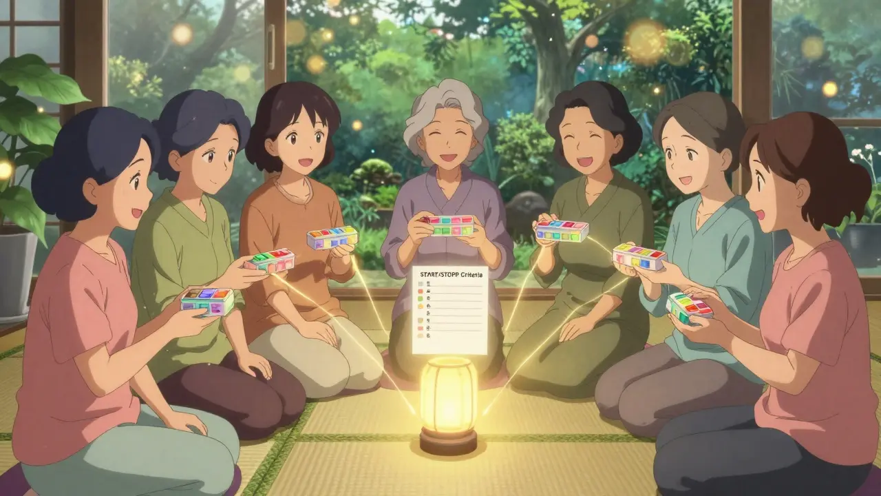 Older women in a circle with pill organizers, connected by golden light to a health checklist.