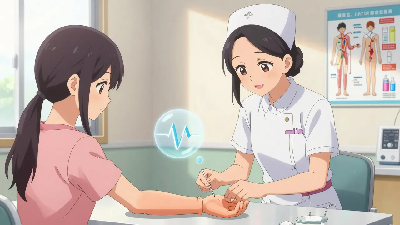 Patient and care partner learning needle insertion during dialysis training, nurse guiding them with supportive expressions.