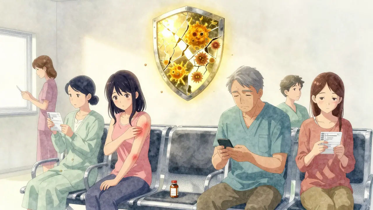 Patients in a clinic quietly holding medication bottles, with a fractured immune shield glowing above them.