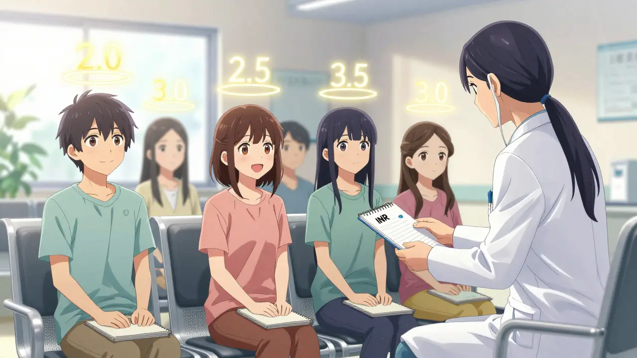 Patients in a sunlit clinic with floating INR numbers glowing above them, symbolizing balance and safety.