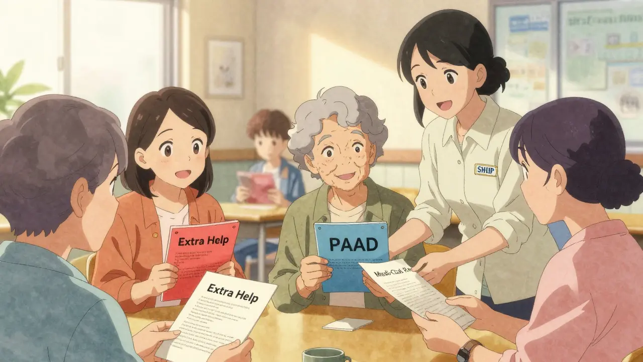 Seniors in a community center getting help with prescription assistance forms from a counselor.