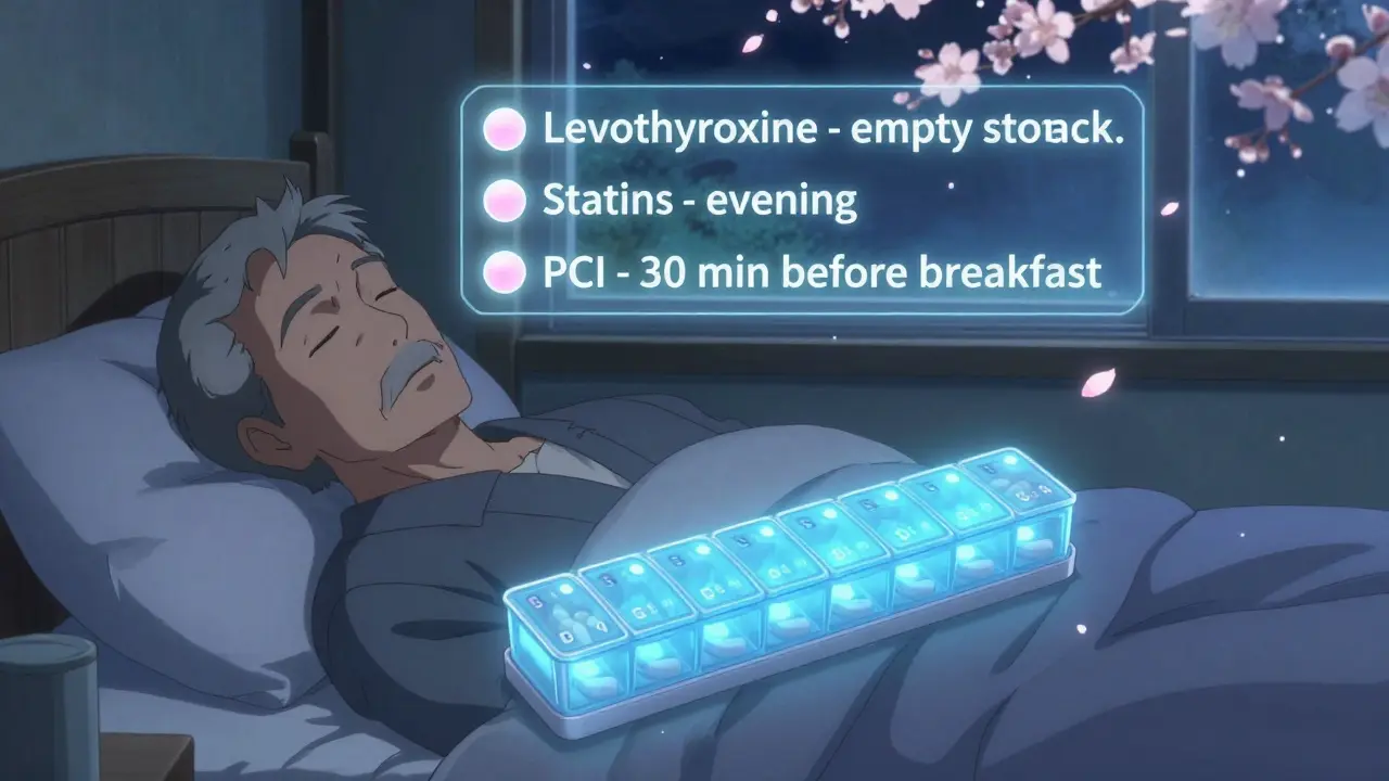 Sleeping elderly man with glowing pill organizer showing medication timing cues beside his bed.