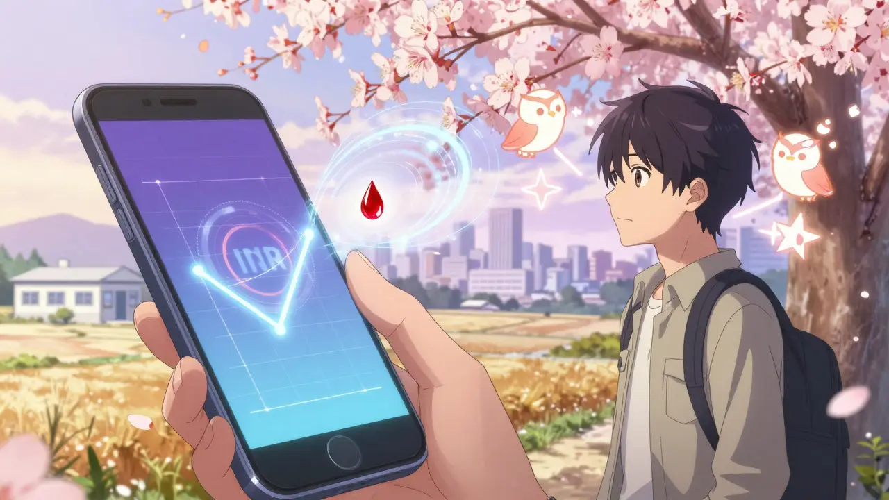 Smartphone displaying a blooming INR graph like a cherry blossom, with AI spirits offering gentle guidance.