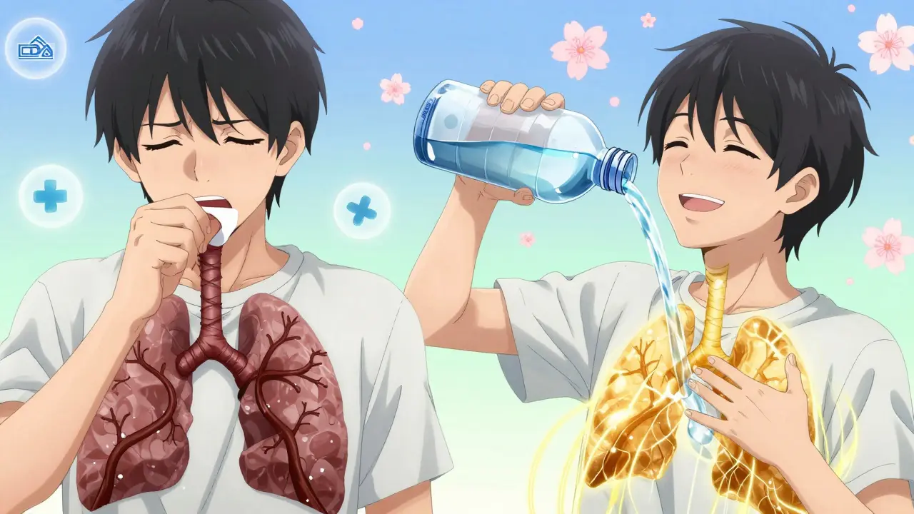 Split image showing mucus trapped in lungs versus cleared airways after using guaifenesin with water.