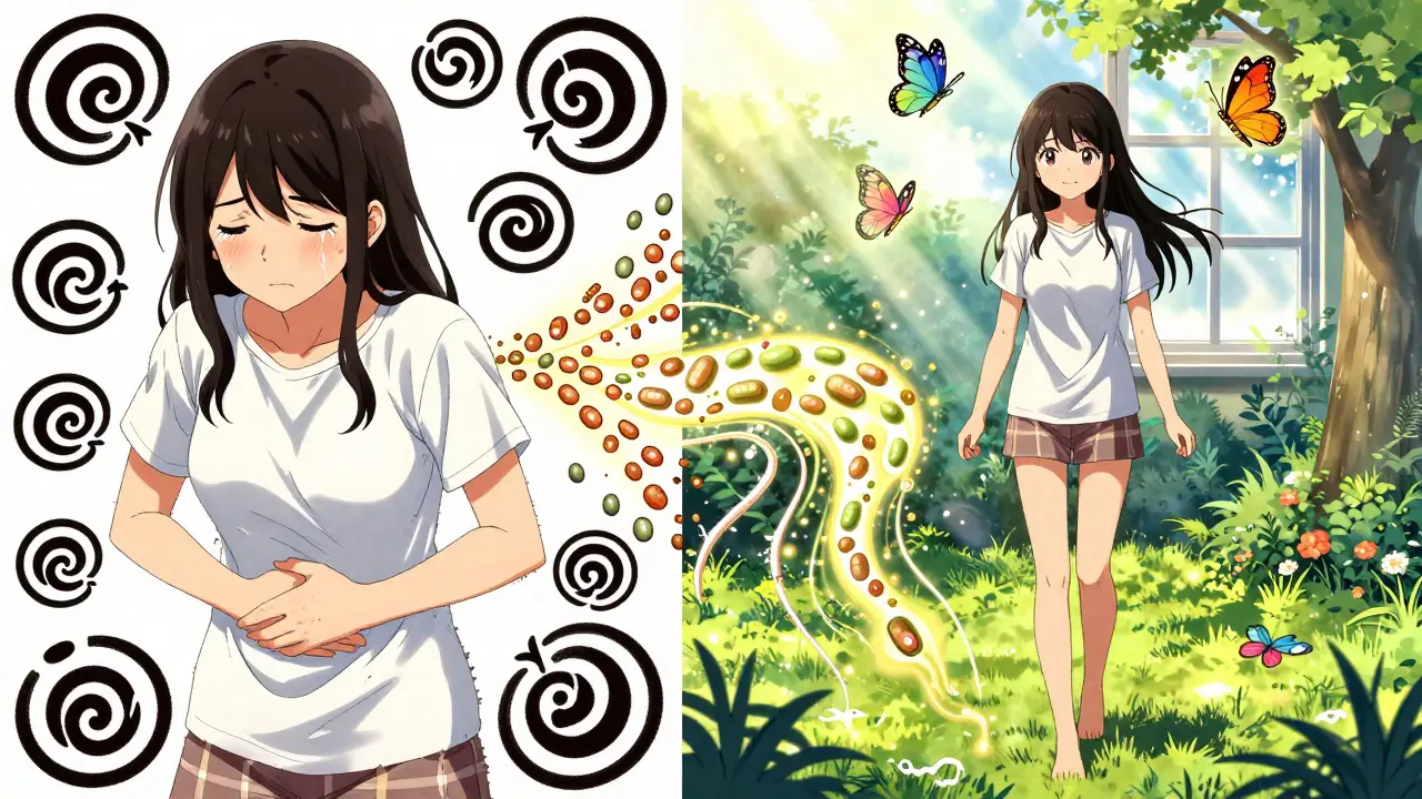 Split scene: a girl suffering in week one versus smiling peacefully in week three, with butterflies shaped like serotonin receptors.