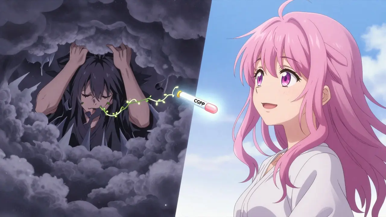 Split scene: dark storm clouds crush one side, while the other shows peace and light as a CGRP inhibitor charm protects the person.