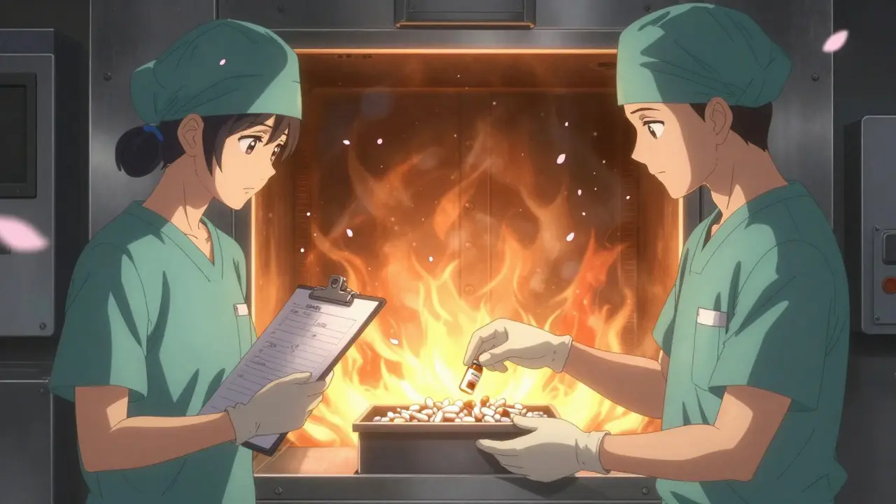 Two staff members witnessing the incineration of Schedule III-V drugs with a clipboard and glowing flames.