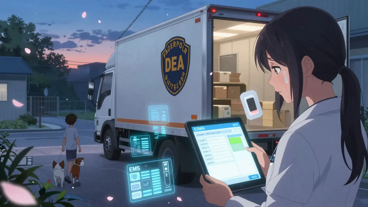 Veterinarian logging a fentanyl patch disposal via digital system as a reverse distributor truck arrives at dusk.