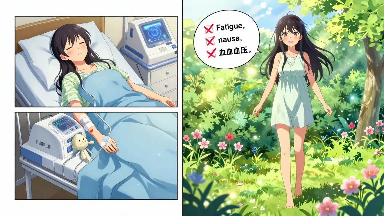 Woman waking up refreshed after night dialysis, walking in a sunlit garden, symptoms of illness fading away.