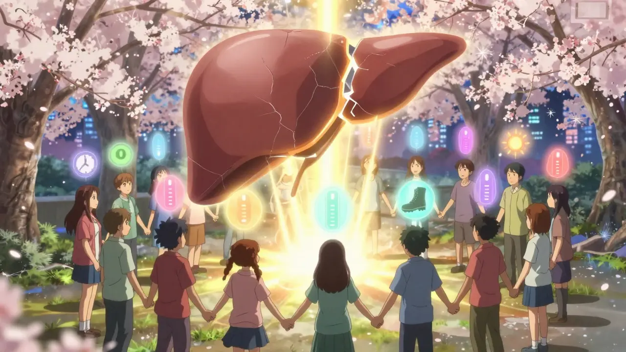 A circle of patients holding hands as a fractured liver mends with golden light, symbols of remission floating above them.