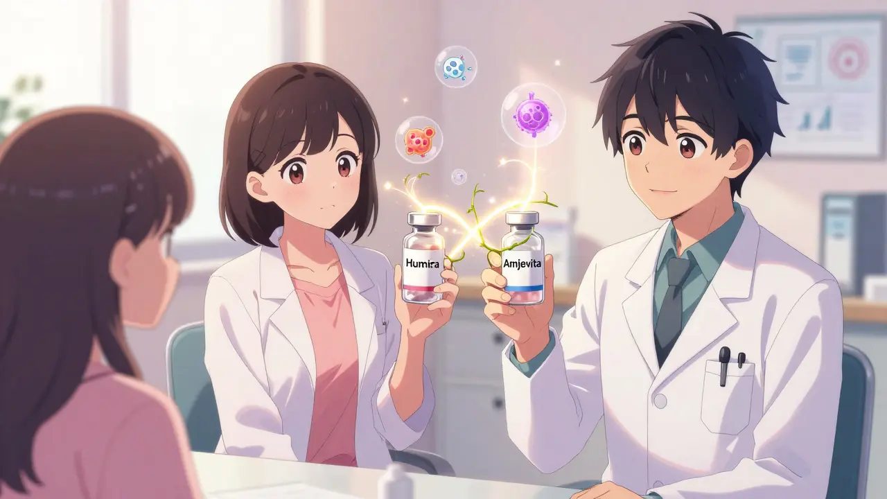 A doctor and patient hold identical vials of biologic and biosimilar drugs, surrounded by glowing data and immune cells in soft light.