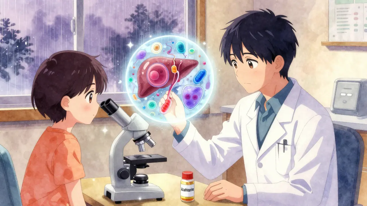 A doctor and patient together as a microscope reveals colorful antibodies near liver cells, warm light and rain symbolizing healing.