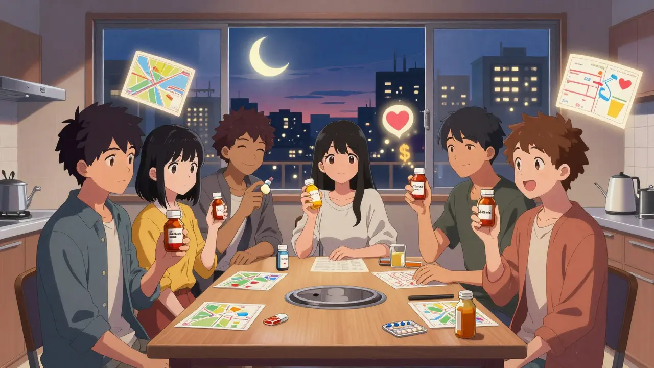 A group at a kitchen table with floating price maps and glowing medication bottles, symbolizing savings.