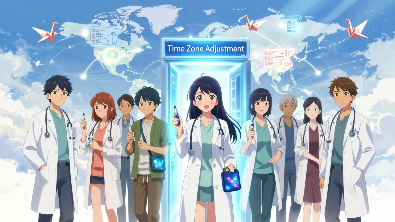 A medical team guides travelers through a portal with insulin pens and cooling wallets as magical artifacts, surrounded by glowing flight paths.