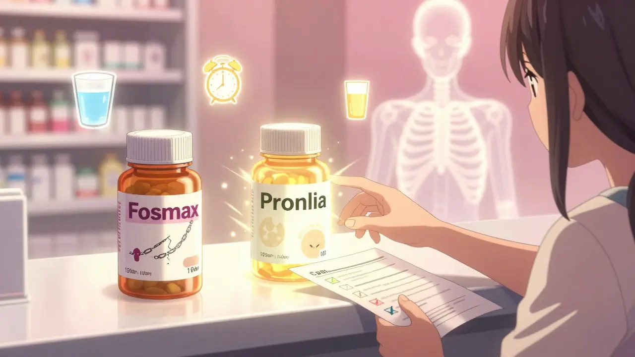 A patient chooses an injectable alternative at the pharmacy, with symbols of adherence and stronger bones glowing around her.