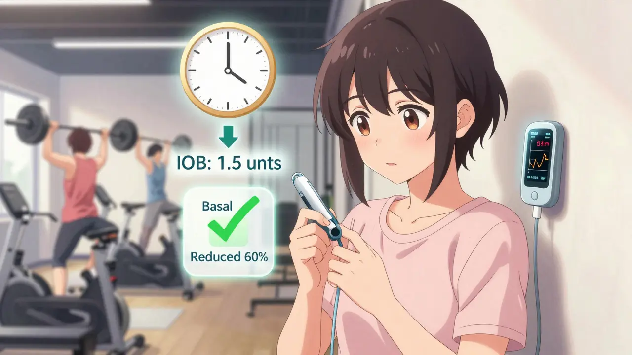 A person adjusts their insulin pump before a workout, with floating indicators showing insulin on board.